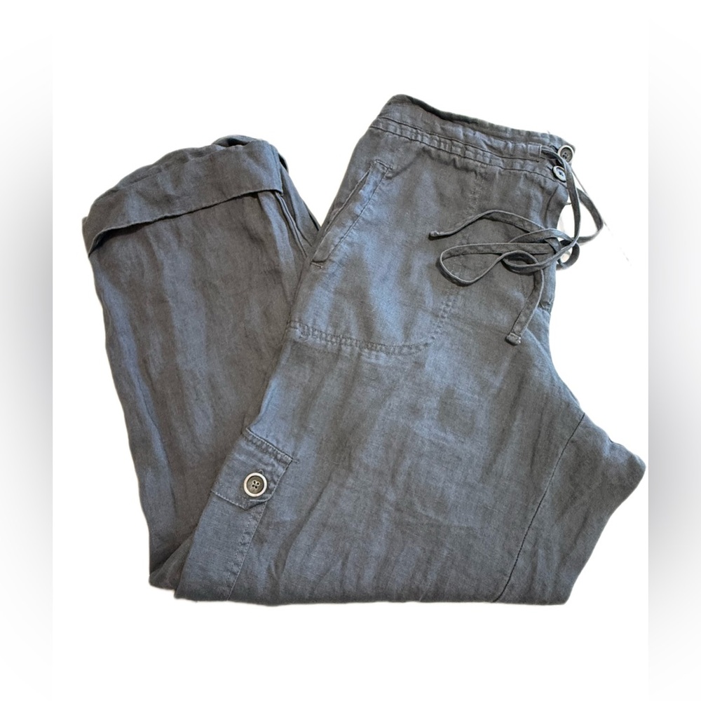 Hot Cotton Linen Cargo Pants Women’s Medium Gray Drawstring Utility outdoor - Picture 2 of 11